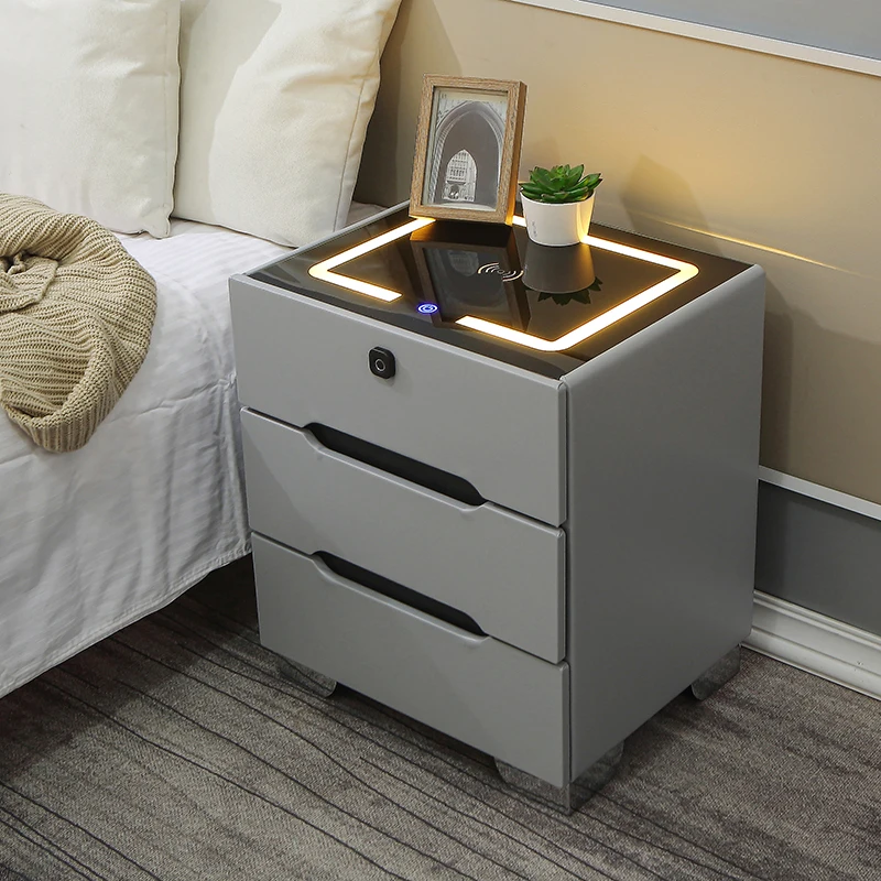 Wireless Chargeing LED Light Touch Fingerpring Multi-functional Bedside Cabinet End Table Solid Wood Storage Smart Nightstand