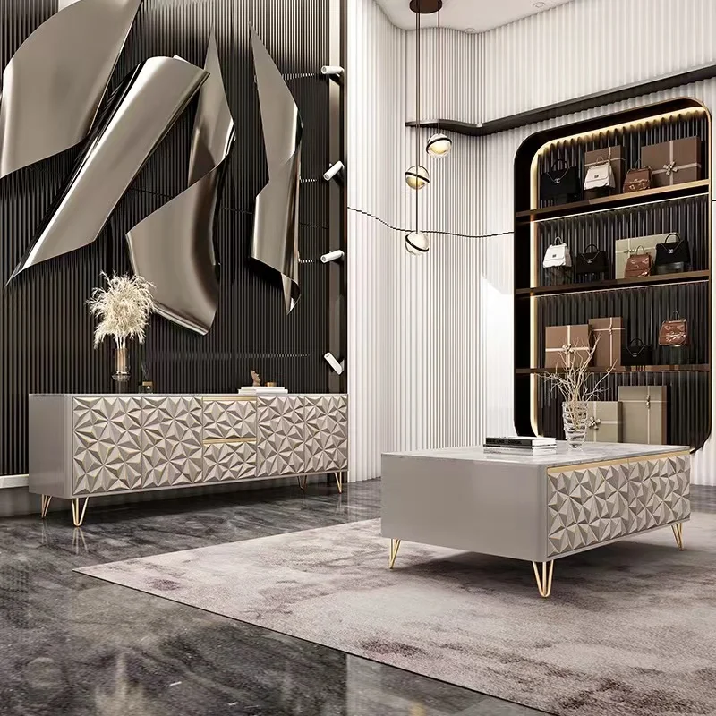 Italian Light Luxury Rock Plate Solid Wood TV Cabinet Combination Paint Baking Process Postmodern Living Room Floor Cabinet