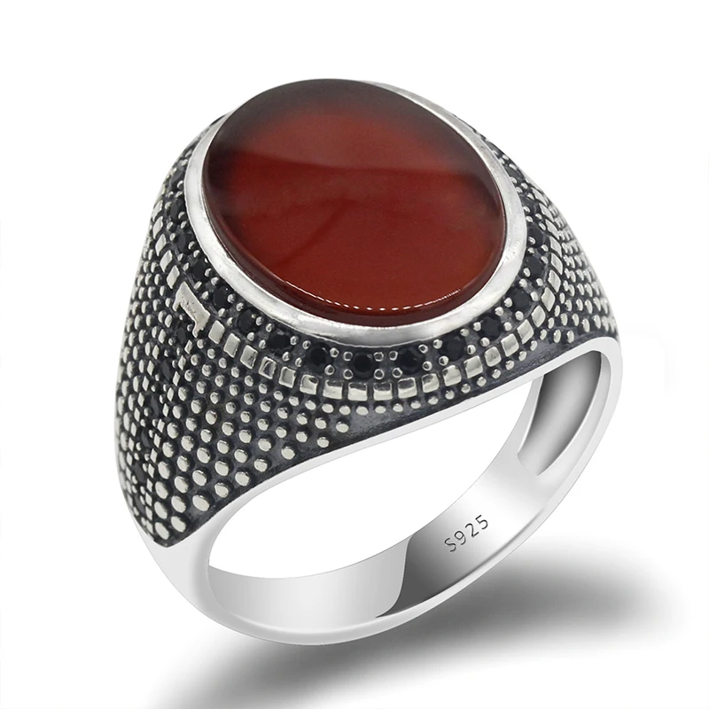 Turkish Real S925 Silver Red Agate CZ Stone Men Ring Designs , Antique Natural Onxy Zircon Stone Rings in Thai Silver