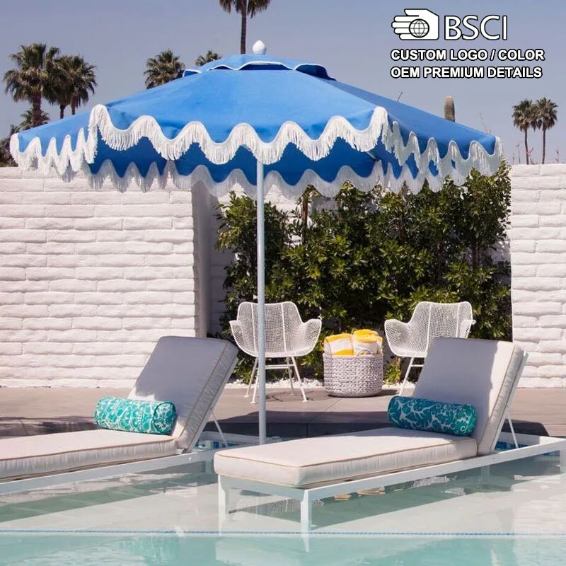 Outdoor 10ft Large Aluminum Pole Polyester Patio Parasols Fringed Garden Pool Portch Market Umbrellas for Restaurant Hotel Shop