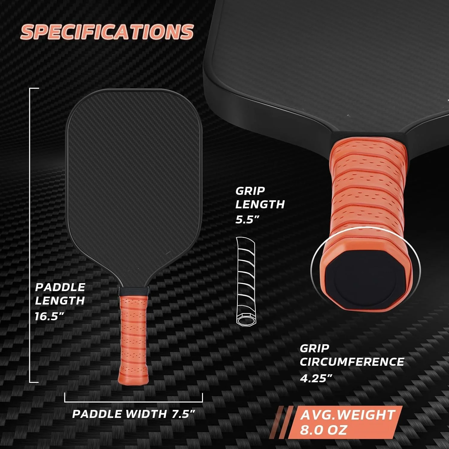 Профессиональная лопатка Pickleball с 3K поверхностью из необработанного углеродного волокна (CFS) и 16 мм полипропиленовым сотовым сердечником
