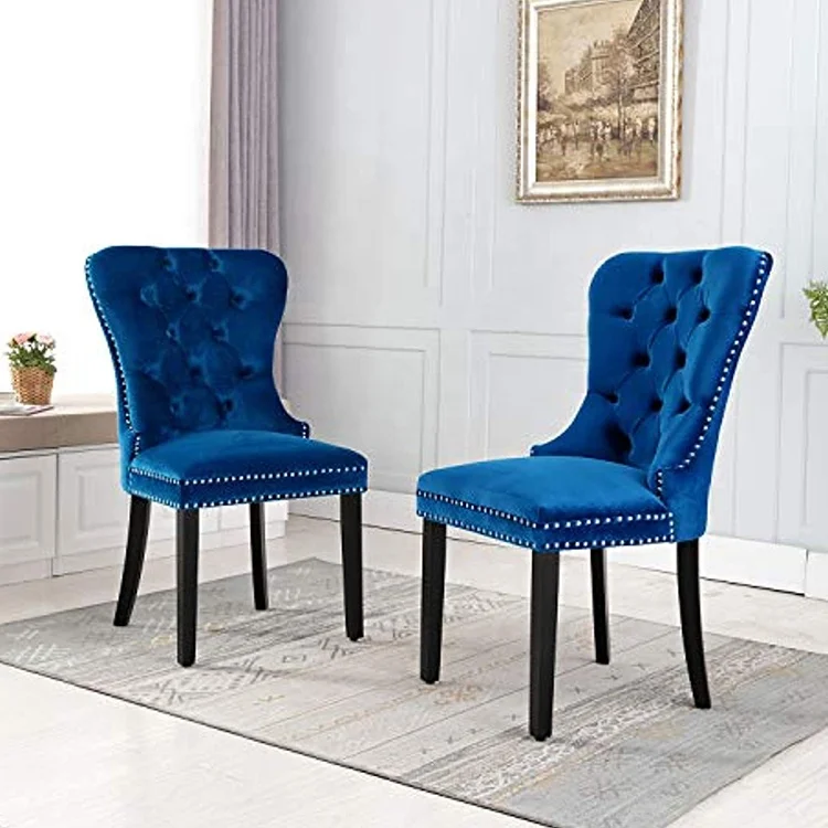 2021 Modern Navy Blue Velvet Tufted Button Back Antique Wooden Restaurant Dining Chair for Room with Knock Down