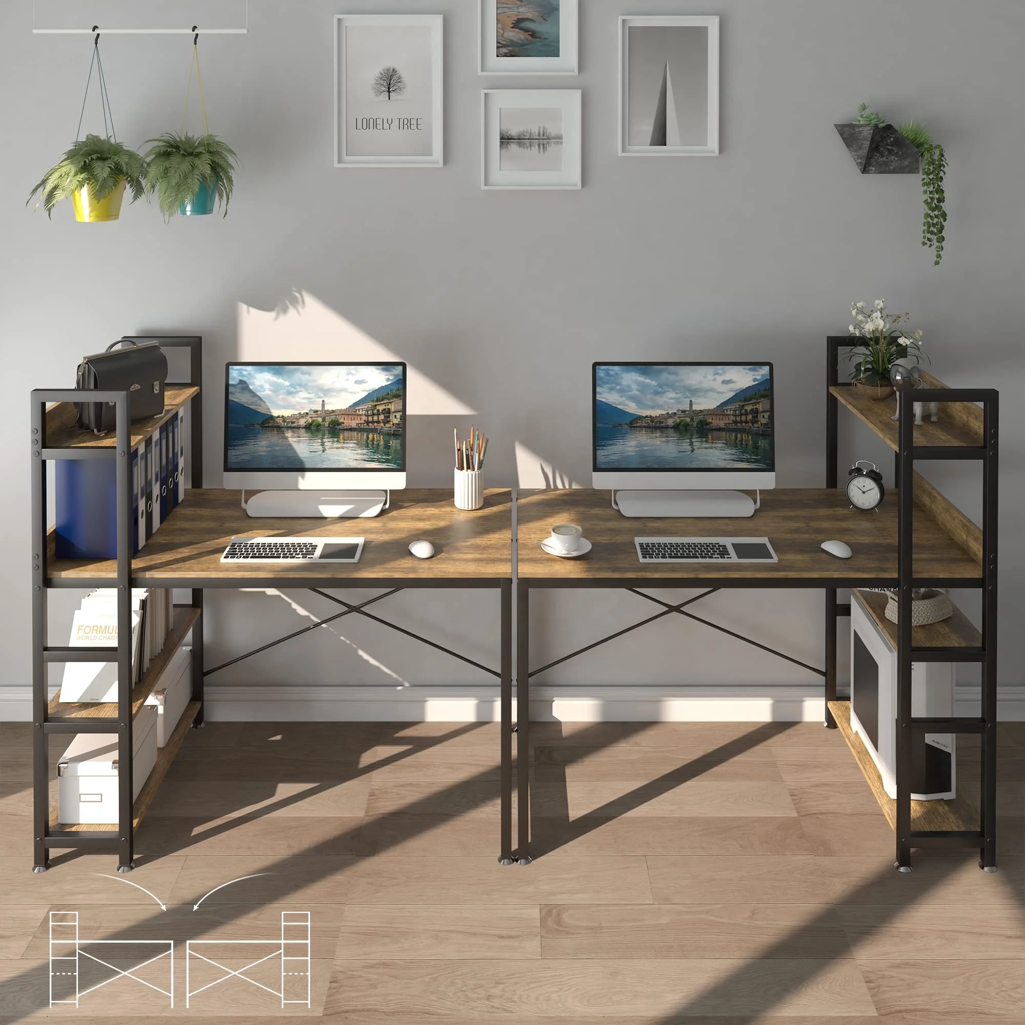 Living room corner writing PC wooden computer study table desk furniture with drawer for laptop and printer with organizer