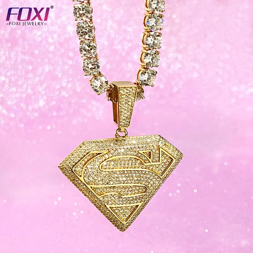 Fashion Hot Sale Hip Hop Superman Pendant Gold Plated Men Full Moissanite Stone Sterling Silver Conspicuous Pendant For Necklace