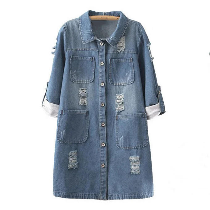 Loose Lady Long Jackets Woman Hole Denim Jacket Ladies Jean Windbreaker