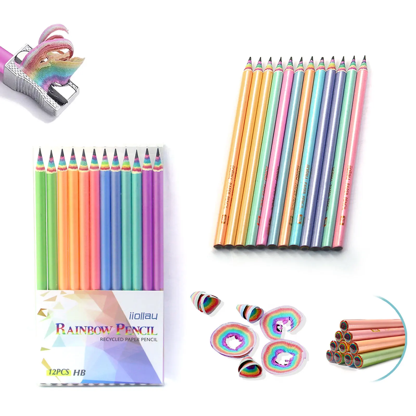 Factory Direct Sale Creativity Painting Children Pencils Customizable LOGO HB 2B Standard Rainbow Paper Pencil