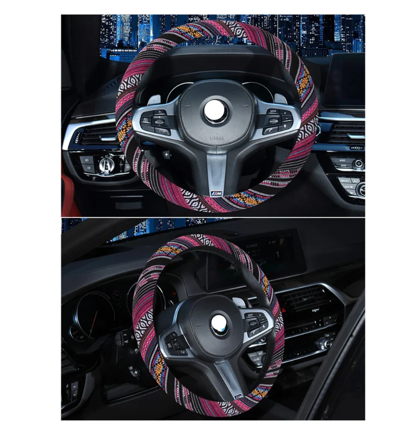 Автомобильный чехол на руль, противоскользящая и поглощающая пот ткань из грубого льна, в этническом стиле