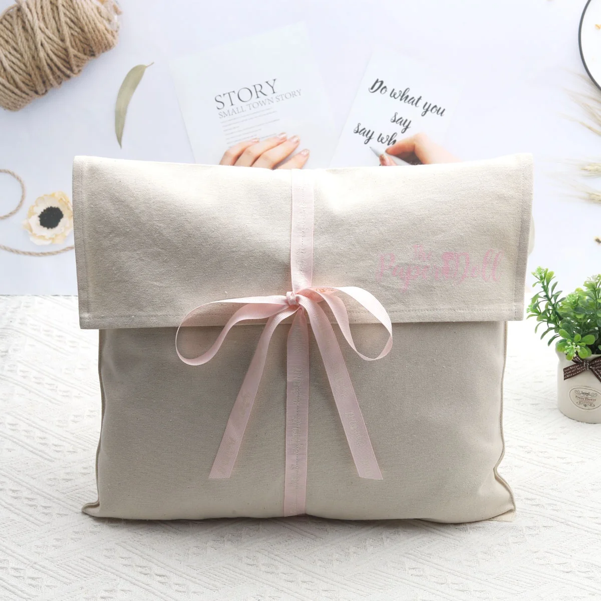 Custom Logo Printed Envelope Muslin Wallet Clothes Pouch Bag Natural Ribbon Canvas Cotton Envelope Dust Bag