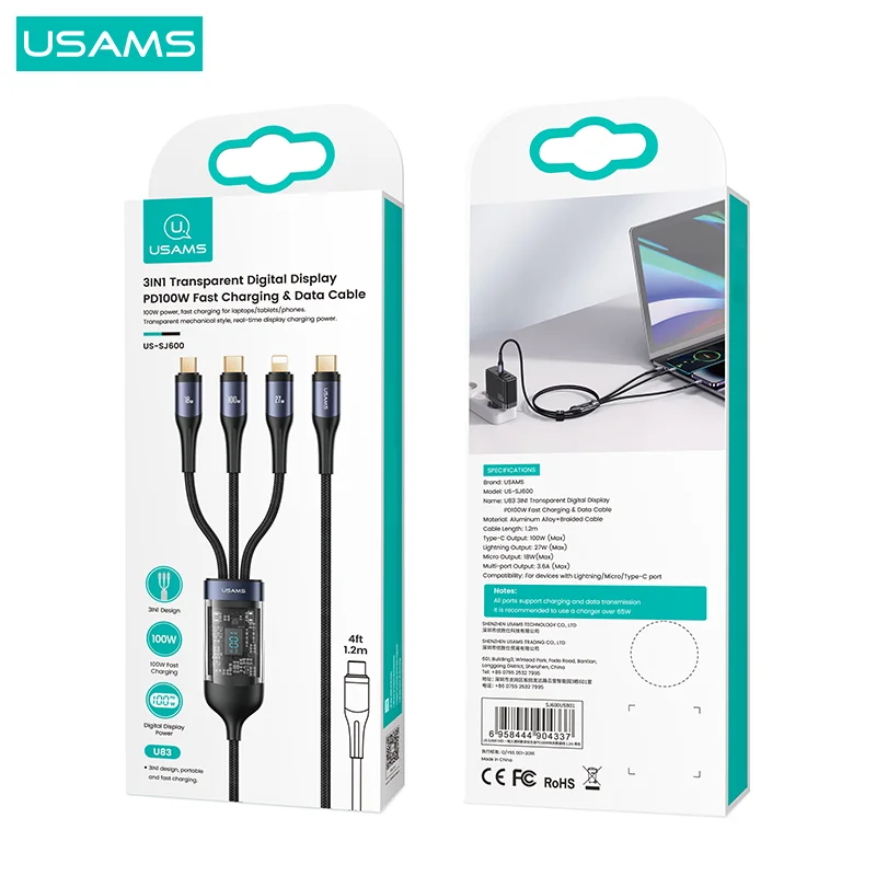 USAMS US-SJ600 US-SJ600 U83 3IN1 Transparent Digital Display PD100W Fast Charging & Data Cable 1.2m  C To C+L+M