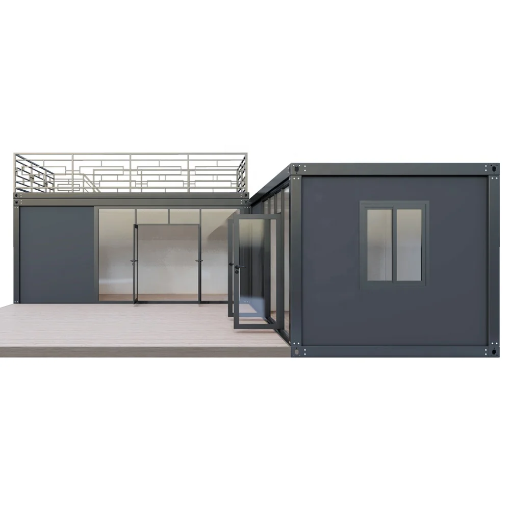 Garden combination container house, optional with floor to ceiling glass and guardrail platform