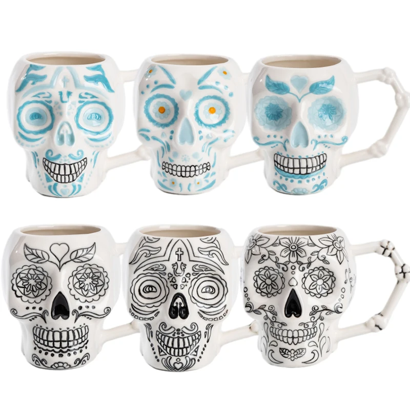 Custom ceramic cute 3d playful skull face shaped coffee mugs for christmas