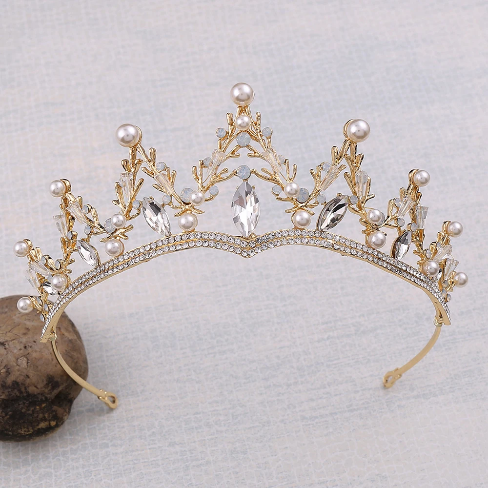 Korean boxed crystal pearl flower bridal wedding crown necklace earring headpiece set Girl golden alloy hair accessories