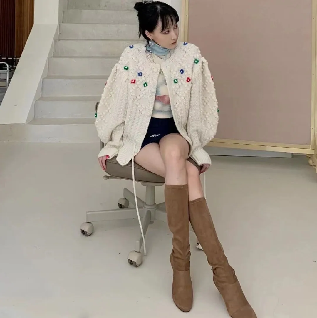 Trend Vintage Solid Graphic Pattern 3D Flower Long Sleeve Hand Knitted Embroidery Autumn Woman Clothes Cardigan Sweater Crochet