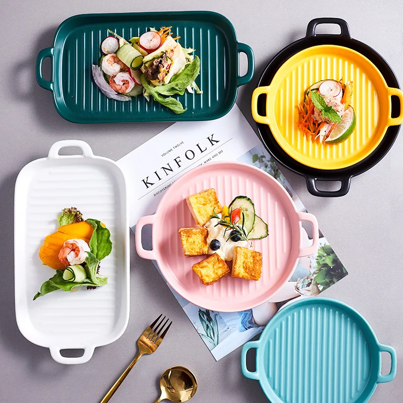 
Ins style Creative Ceramic cutlery Double ear baking tray Western Steak Tray Oven baking snack tray dessert plate 