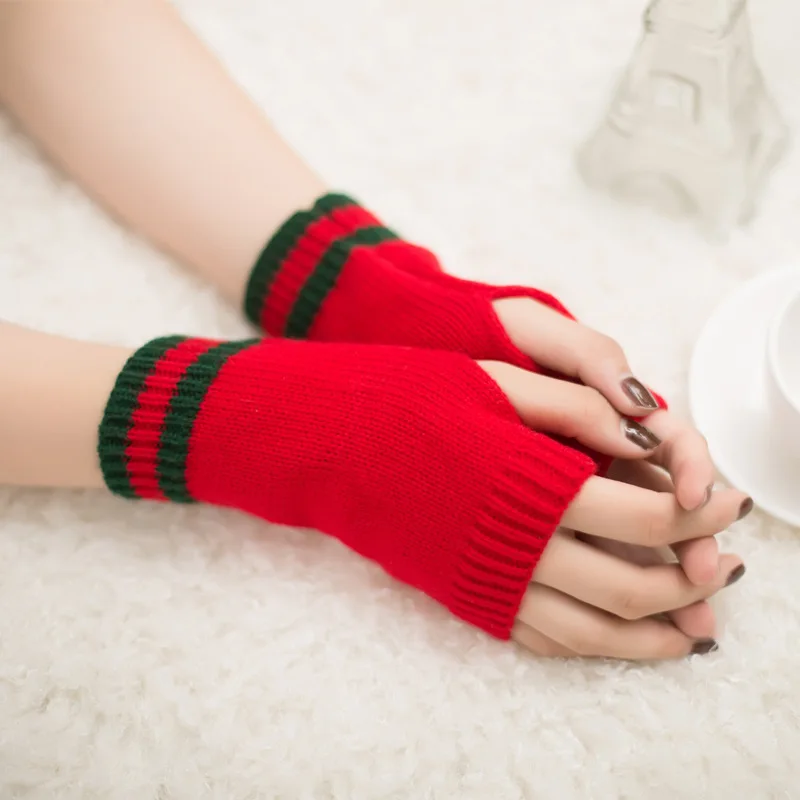 New style striped woolen fluorescent color half-finger computer warm gloves