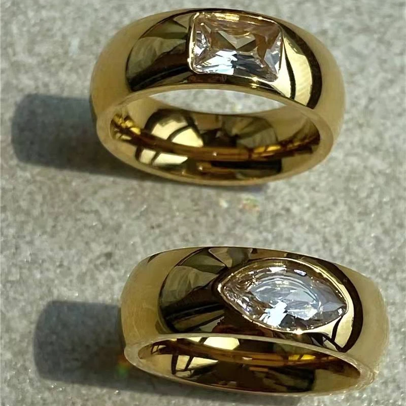 Women stainless steel diamond crystal couple engagement 18K gold plated ring