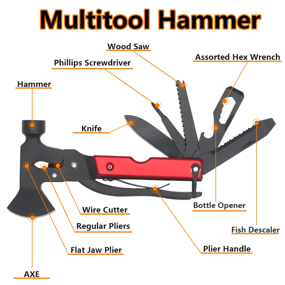 15 in 1 Multitool - Hammer, Survival Knife, Hatchet Axe, Bottle Opener, Pliers for Camping, Emergency Car Kit - Cool Multi Tool