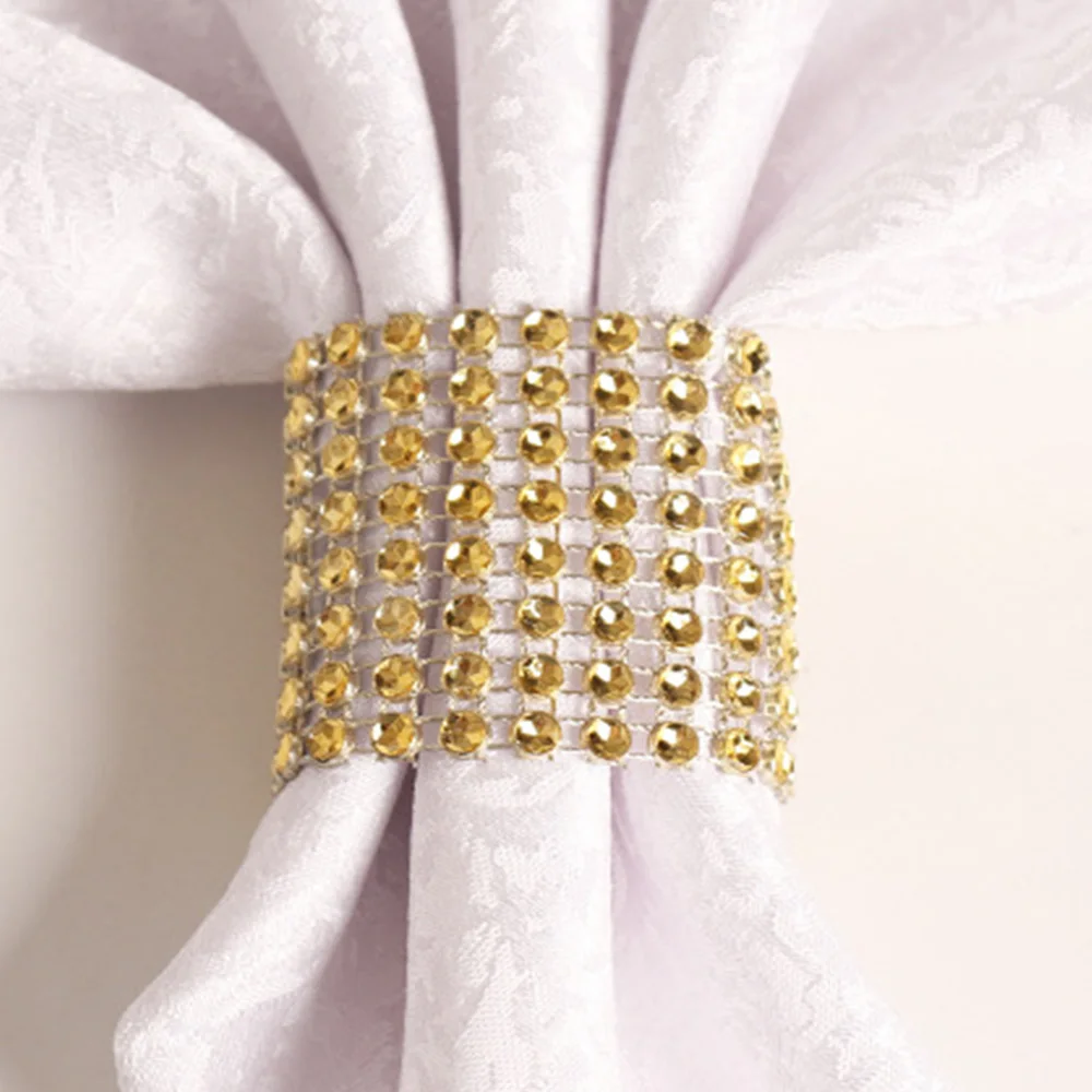 Table Golden Napkin Rings Crystal Rhinestone Mesh Napkin Holder Rings Buckles for Weddings