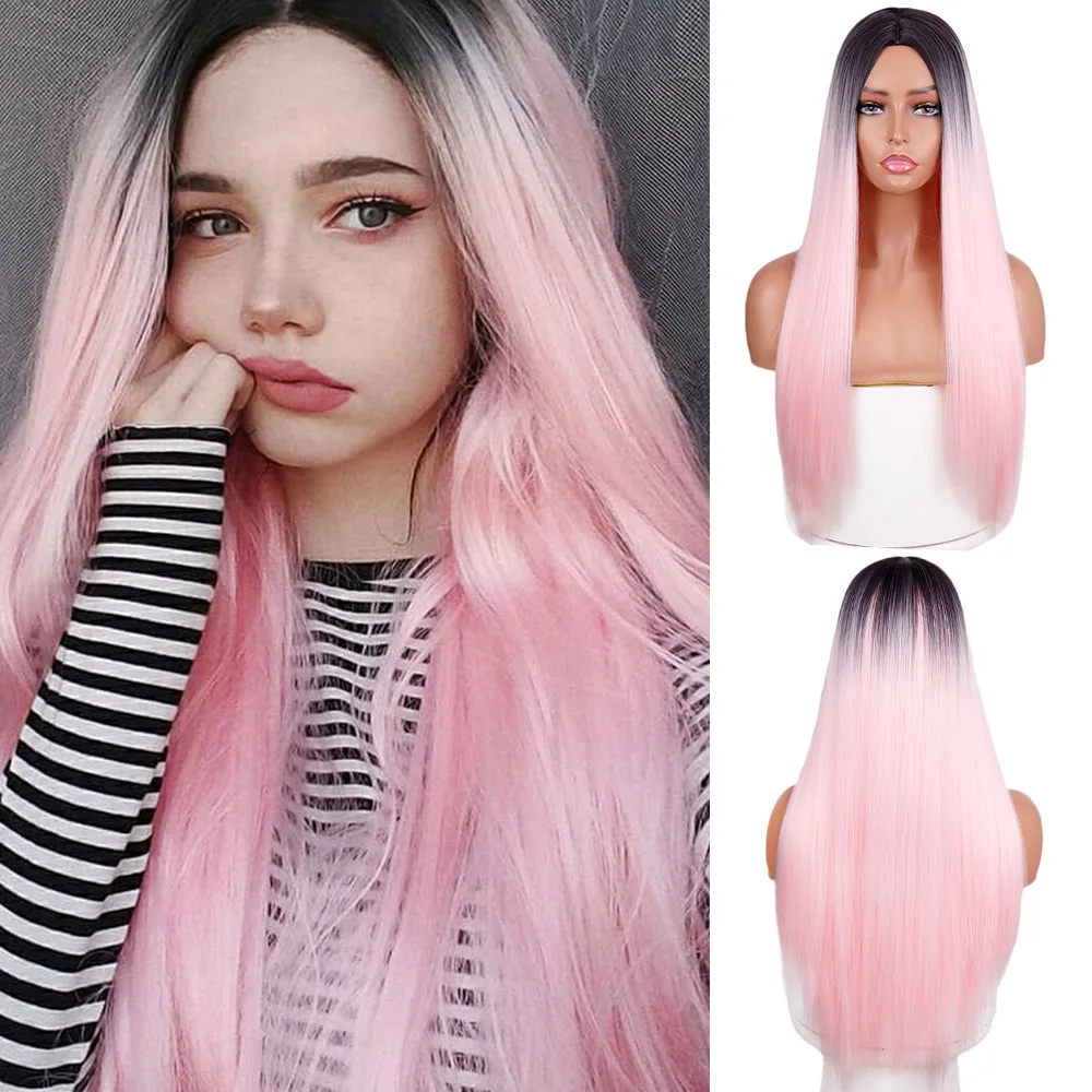 Fashion new two-color gradient long straight hair chemical fiber high temperature silk wig headgear wholesale
