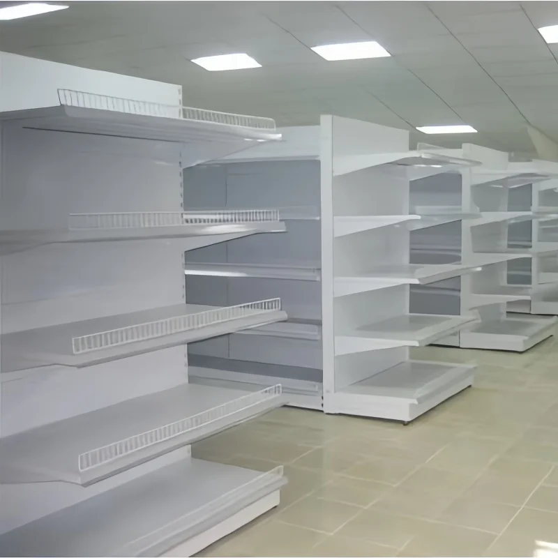Supermarket metal shelving of heavy duty capacity with perforated back panel ZA style of slant shelf bracket