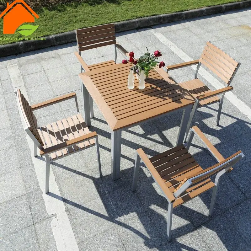 Patio courtyard dining table and 4 seater chairs set outdoor garden plastic wood weather resistant table set