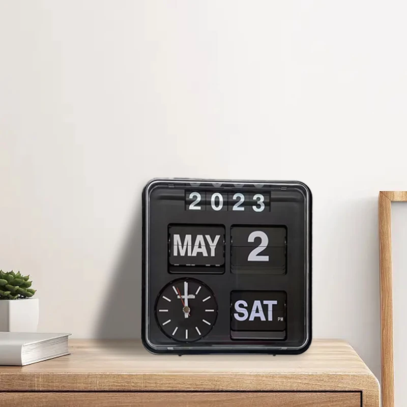 Large Number Display Wall Hanging Black Flip Alarm Clock Square Acrylic Modern Calendar Day Date Desk Table Clock