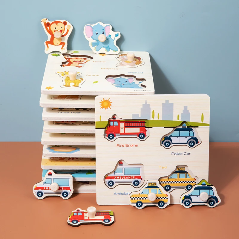 Simple Small Wooden Peg Puzzle Cartoon Animal Shape Early Educational Matching Puzzle Toys Learning Hand Grab Board Puzzle