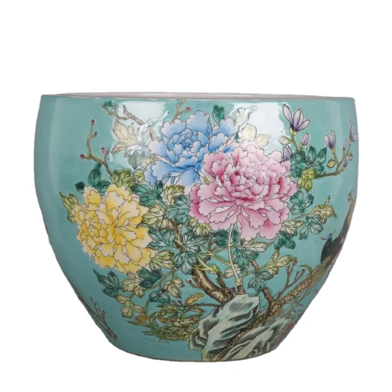 Ancient Hand Painted Green Pastel Flower and Bird Pattern Antique Porcelain Vase and Vat pottery antique hand-painted large vat