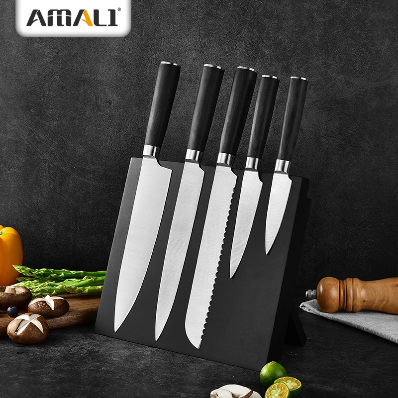 High Quality 6PCS Stainless Steel Kitchen Forged Knife Set with Magnet Block Pakka Wood Handle Chef