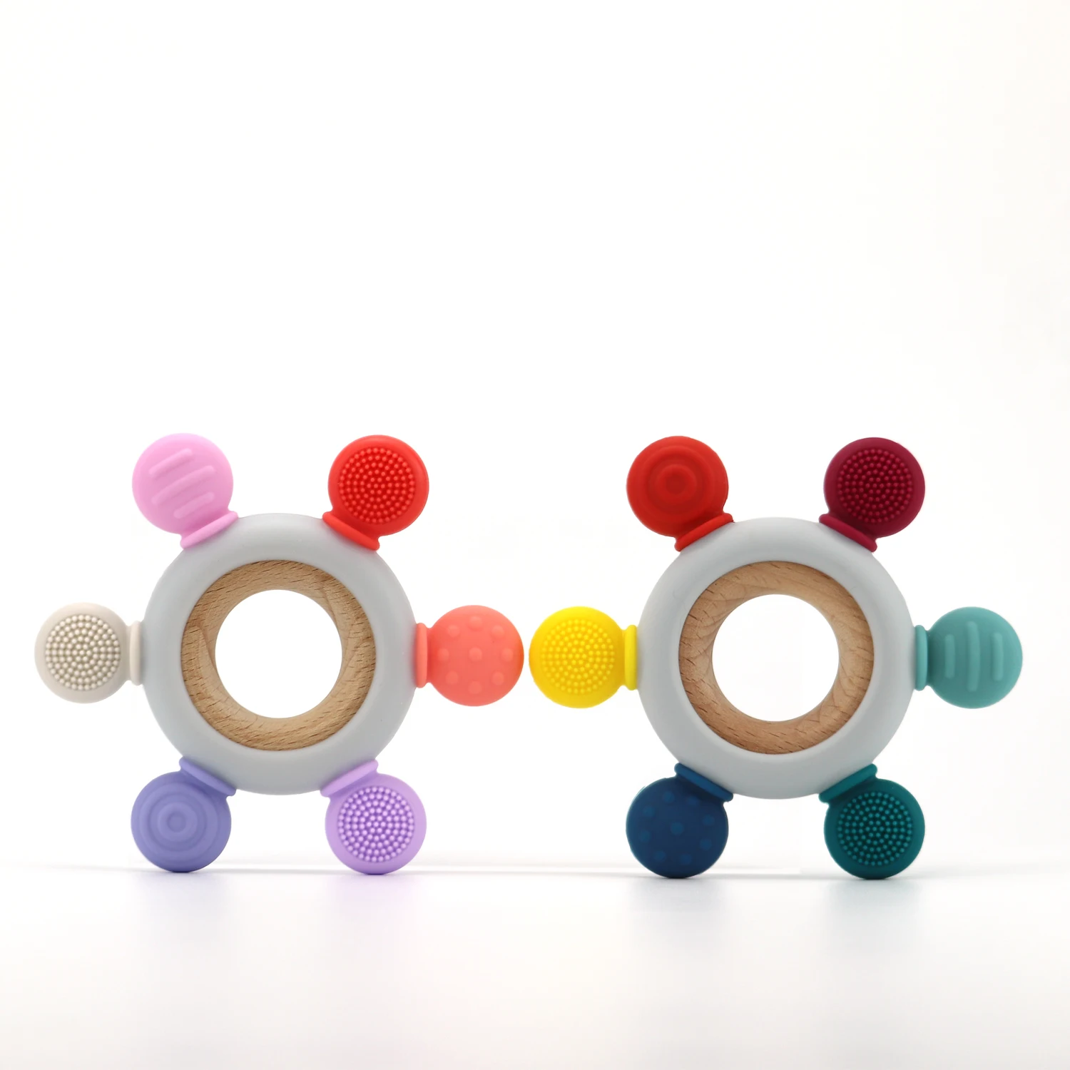 Baby Teethers Toy Teething Ring Grasping Teething Toy BPA Free Silicone Rudder with Wooden Ring