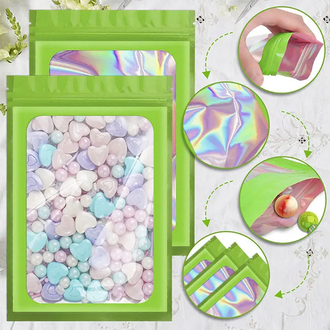 Custom Logo Ziplock Resealable Smell Proof Holographic Glitter Zip Lock Mylar Plastic Bags With Windows Green For Jewelry