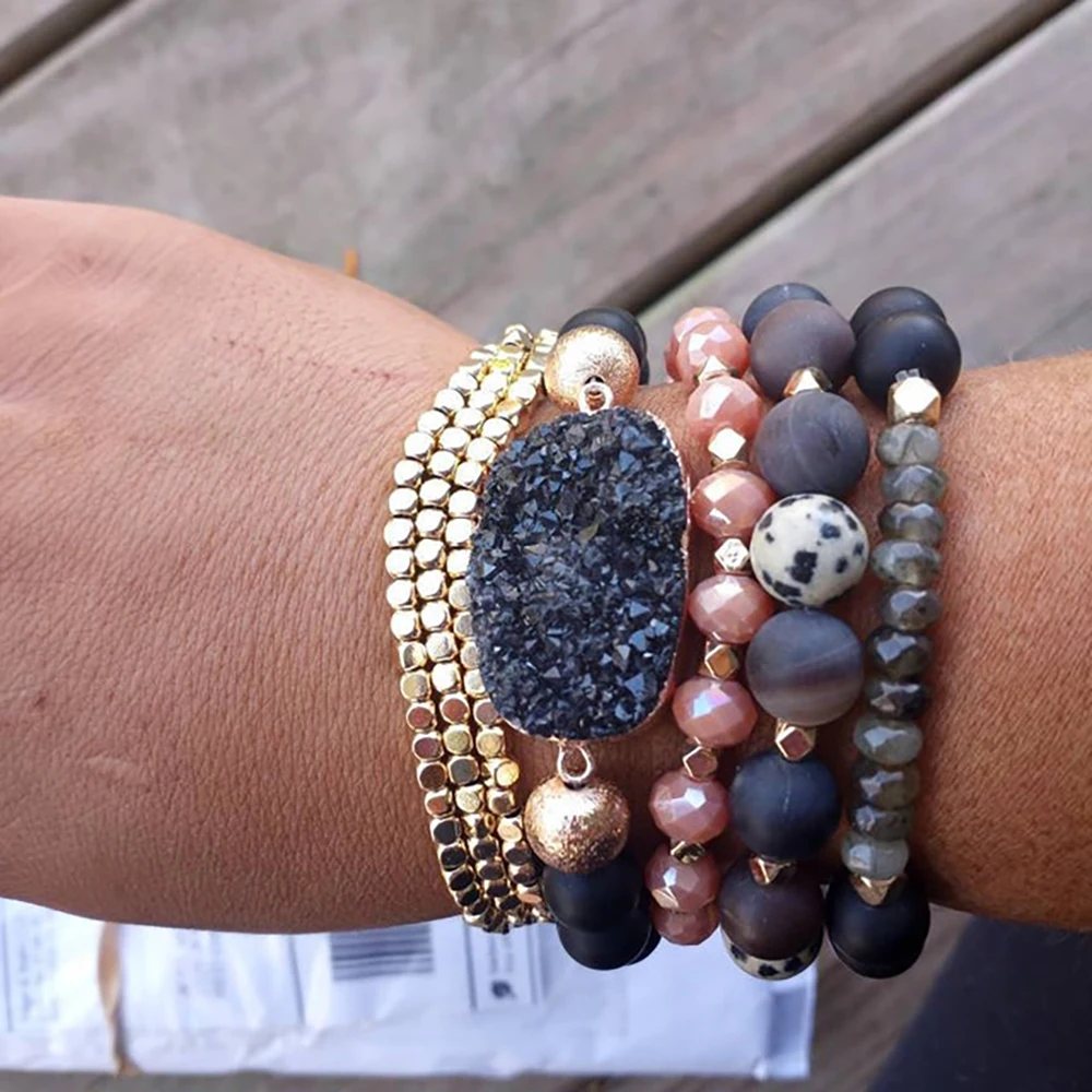 Gypsy and Boho Gold Beads Stacked Bracelet,Natural Black Druzy With Black Lace Agate Beaded Bracelet Set,Gifts for Her