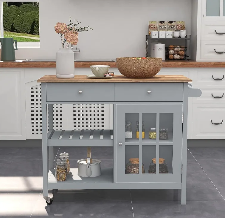 Kitchen Island Cupboard, Portable Kitchen Cart Wood Top Kitchen Trolley with Drawers and Glass Door Cabinets, Gray