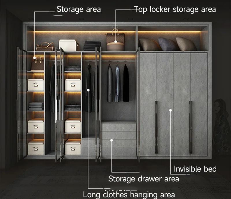 Wooden Rotating invisible folding bed combination multi functional wardrobe cabinets desk bookcase wall Murphy bed