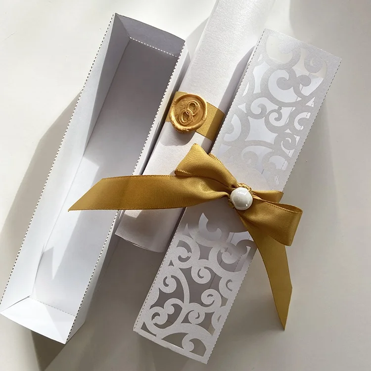 White shimmer elegant lace laser cut scroll wedding invitation boxes