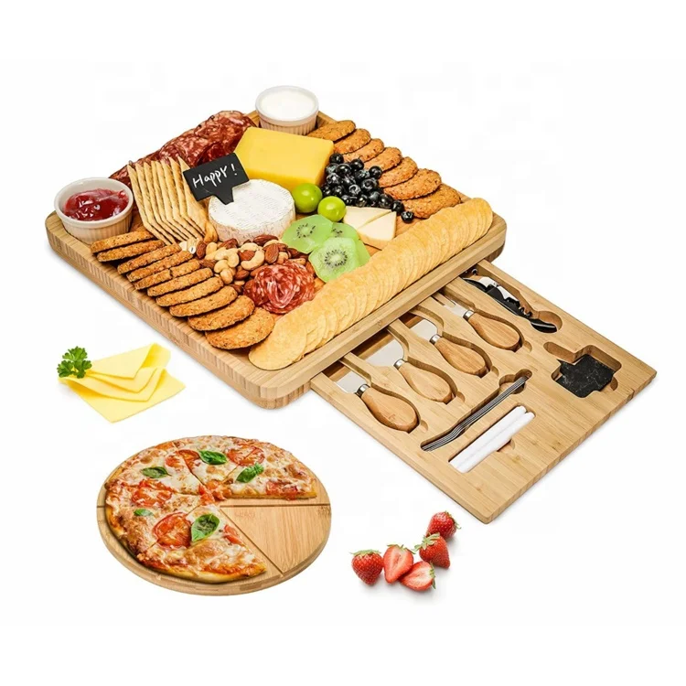 Bamboo Cheese Board and Knife Set Wooden Charcuterie Board with Cutlery Set with 4 Knives, Drawer and Wine Opener