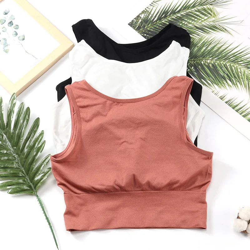 Hot sell wire-free pure color seamless chest pad underwear vest shockproof gathering movement beauty back bosom bound woman