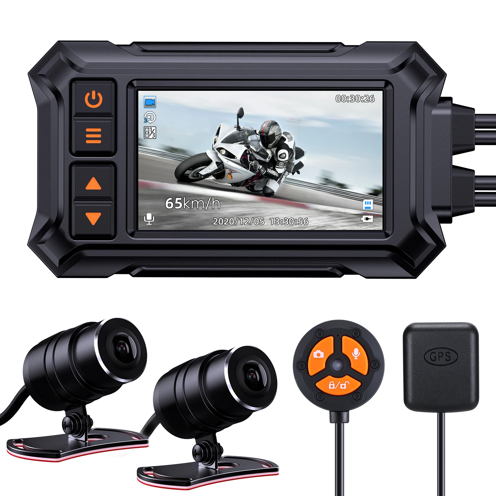 Motorcycle Dash Camera Overall Waterproof, BlueSkySea A12 Front and Rear 1080P + 1080P Motorbike Dashcam Built-in WiFi GPS 150