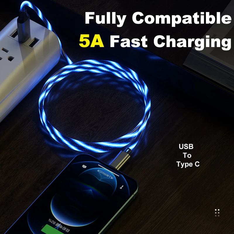 LC3C OEM 5A USB To USB-C LED Flowing Light Fast Charge Data Cable Regular Mobile Phone Accessories 3FT Tipo C Charging Cables