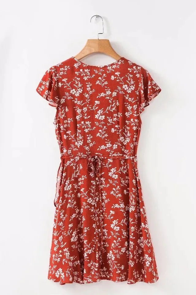 Bohemia Beach Dress V-Neck Floral Print Dress Sweet Ruffle Short dress