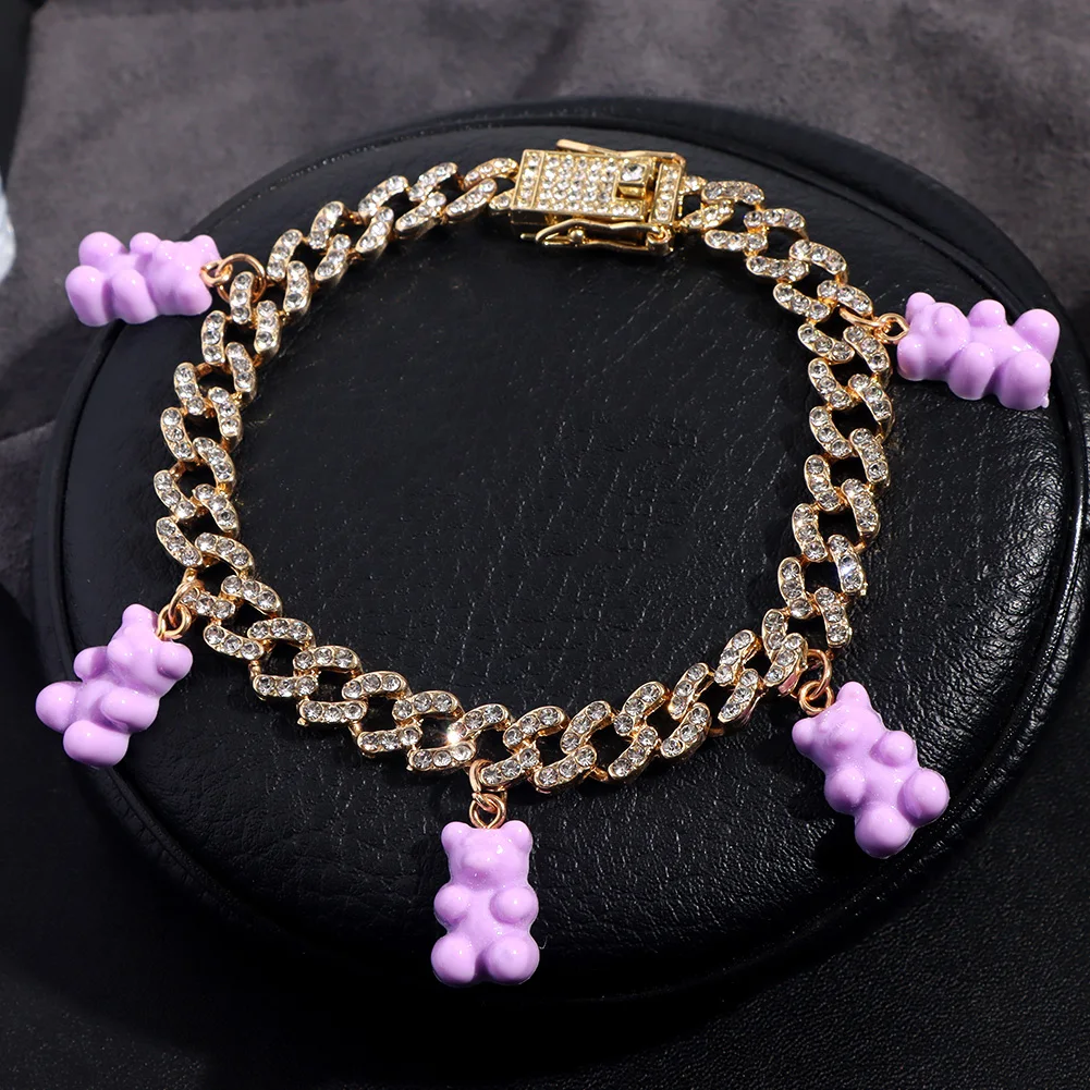 Y2k Fashion Rainbow Color Cute Bear Pendant Anklets Bracelet Cute Gummy Bear Pendant Candy Resin Bear Cuban Anklets
