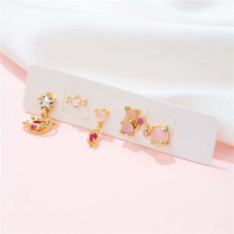 SP Simple Cute 18K Gold Brass Metal Pink Teddy Bear Stud Earrings Set For Girls