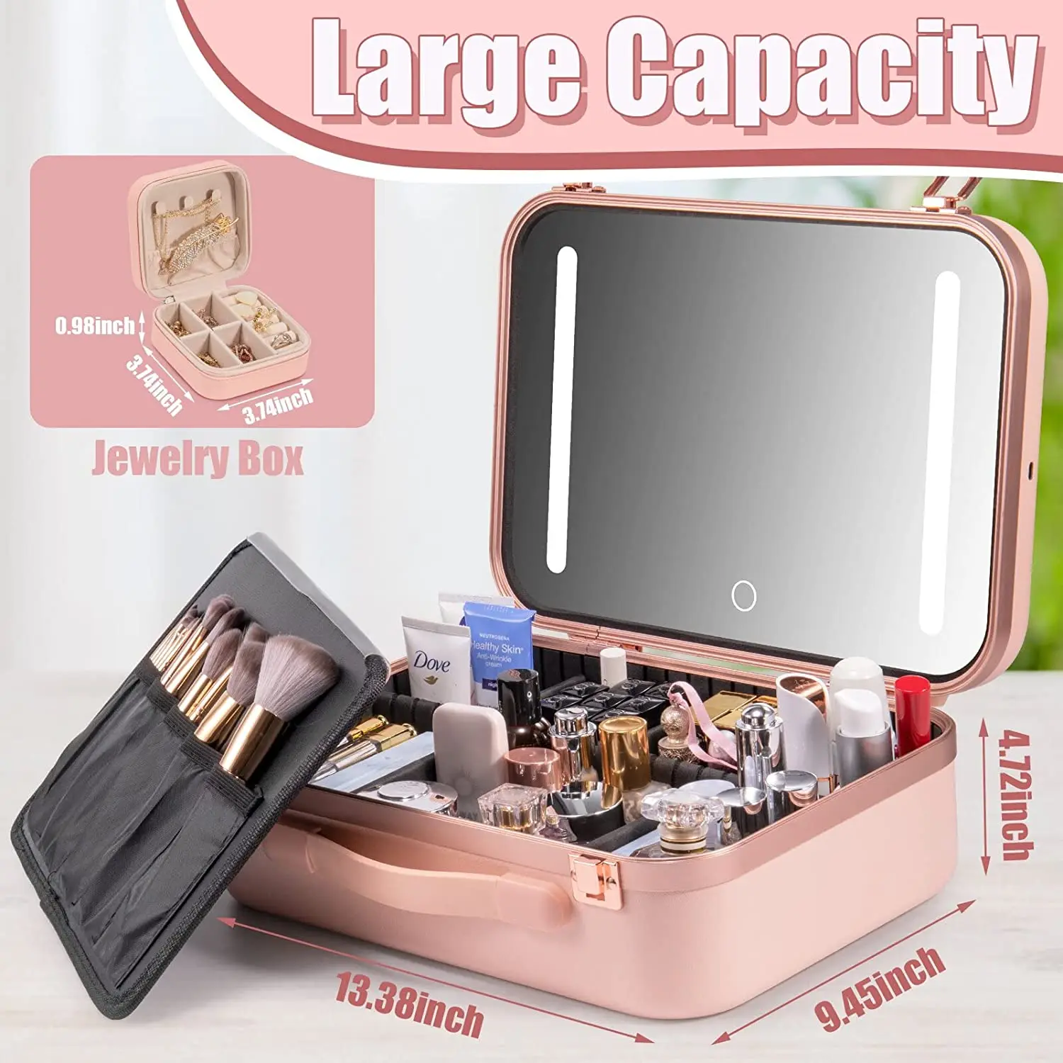 Makeup Travel Lighted Case with Large LED Light Mirror Coetic Bag Organizer Professional Adjustable Divider Storage