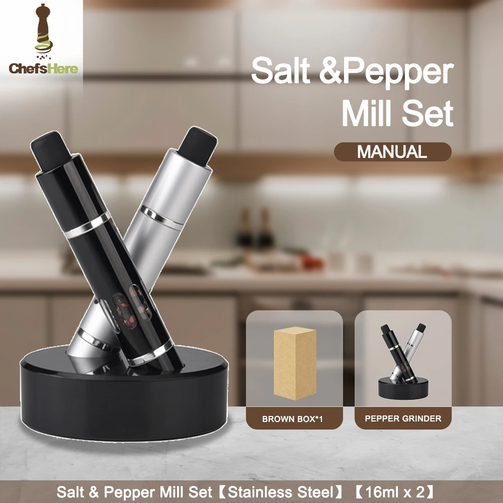 Stainless steel electric salt and pepper mill set battery operated salt and pepper grinder set one hand operated