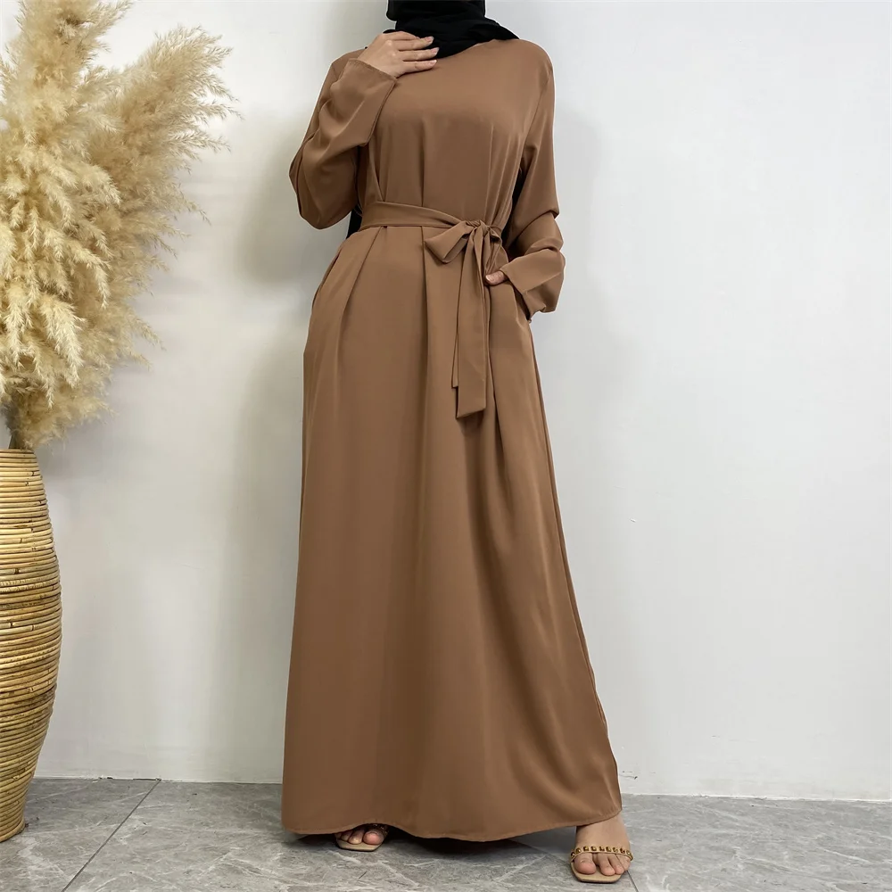 6597# Modest Fashion Muslim Long Dress with Side Pockets Nida Fabric Solid Color Women Clothing