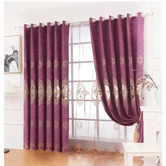 European style chenille hollow embroidered luxury purple curtain