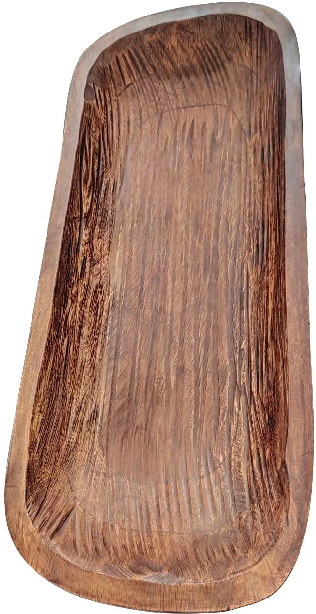 Wooden Dough Bowl Antique Walnut Reddish Brown Vintage High-Quality Oblong Hand Carved Bowl For Home Decor, Rustic Farmhouse