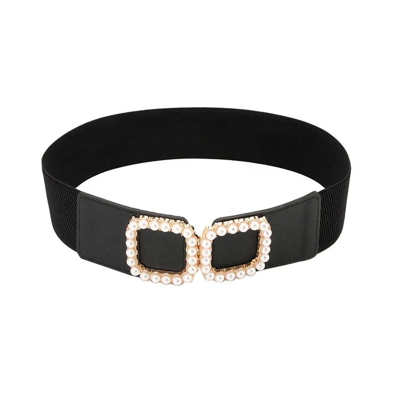 Pearls Square Buckle Belts for Women Adjustable Elastic Waist Belts Ladies Waistband for Jeans