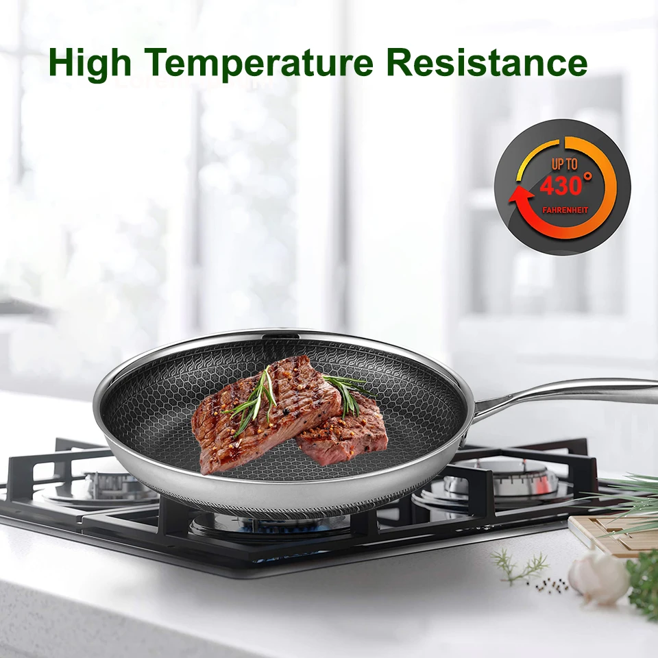 Top Quality Cooking Pan Nonstick Frypan Heavy Duty 304 Stainless Steel Frying Pans Honeycomb Skillet With Glass Lid