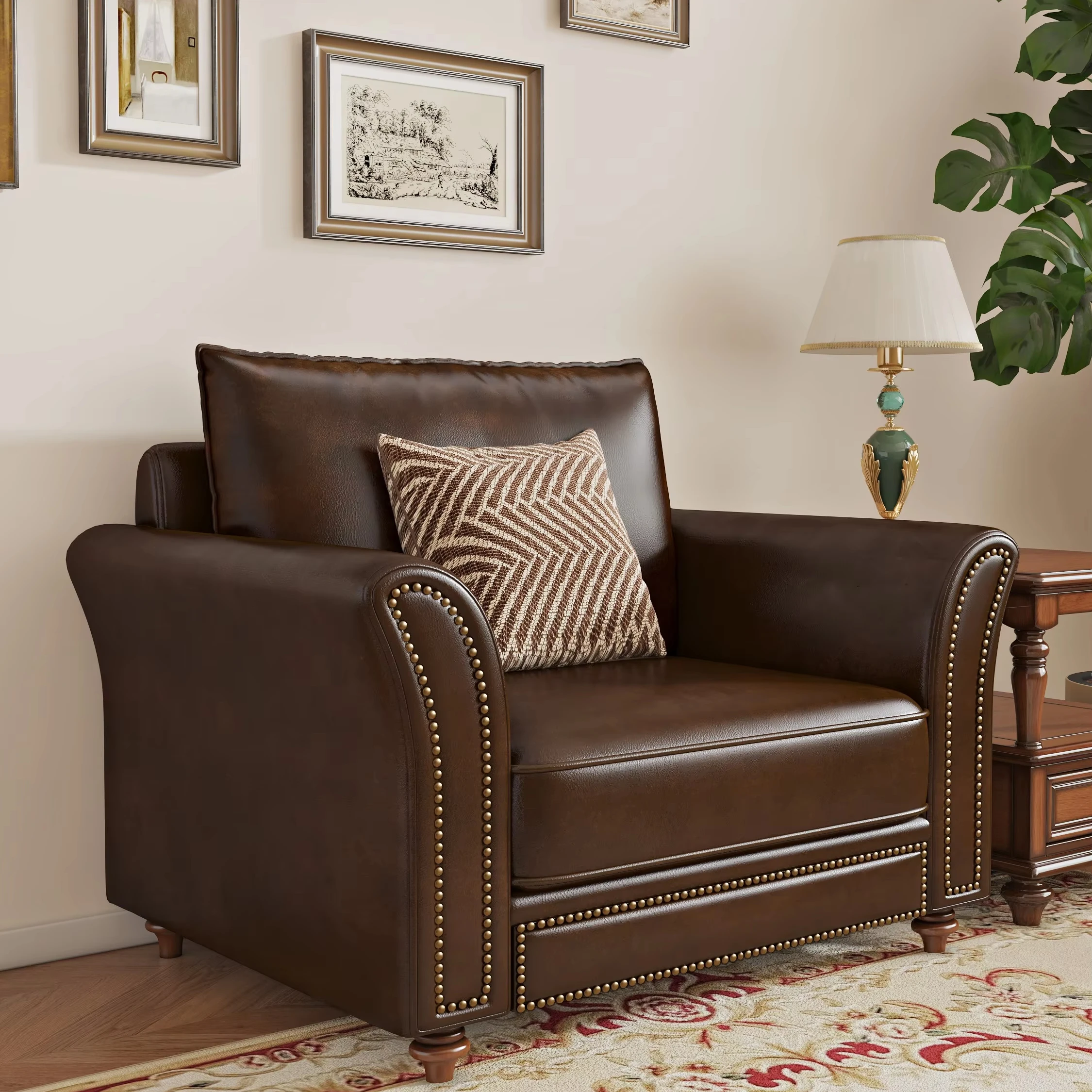 Genuine Leather Single Seater Sofa American Retro 1 2 3 Seat Sofa Set Living Room Countryside Solid Wood Furniture